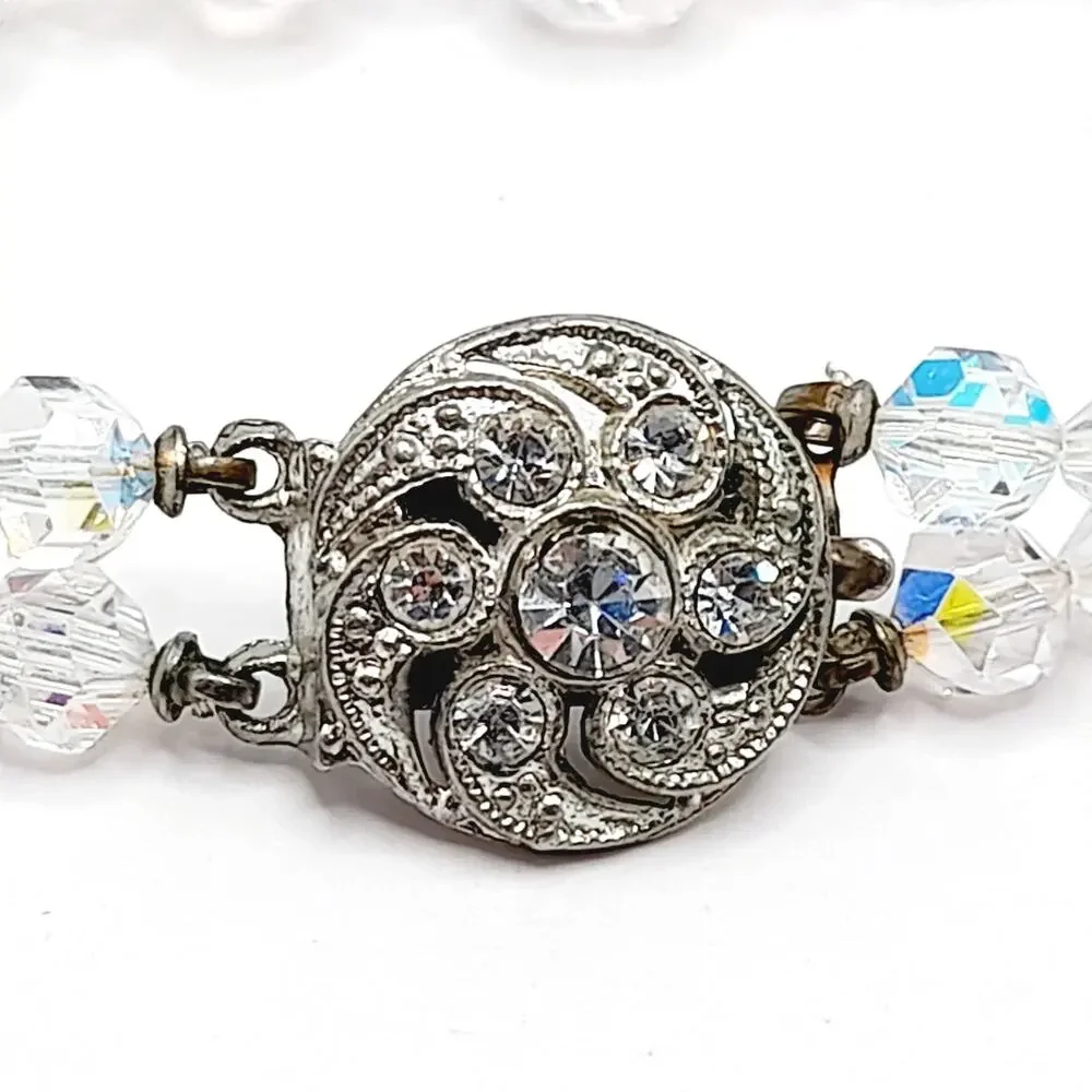 Vintage 1950s Wedding Bracelet, Aurora Borealis Crystal Beads, Rhinestone Clasp